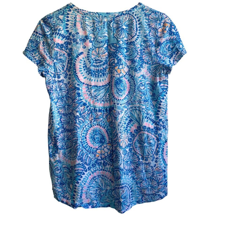 Lilly Pulitzer V Neck Cotton T-shirt Blue Grotto Commotion In The Ocean M - Picture 2 of 4
